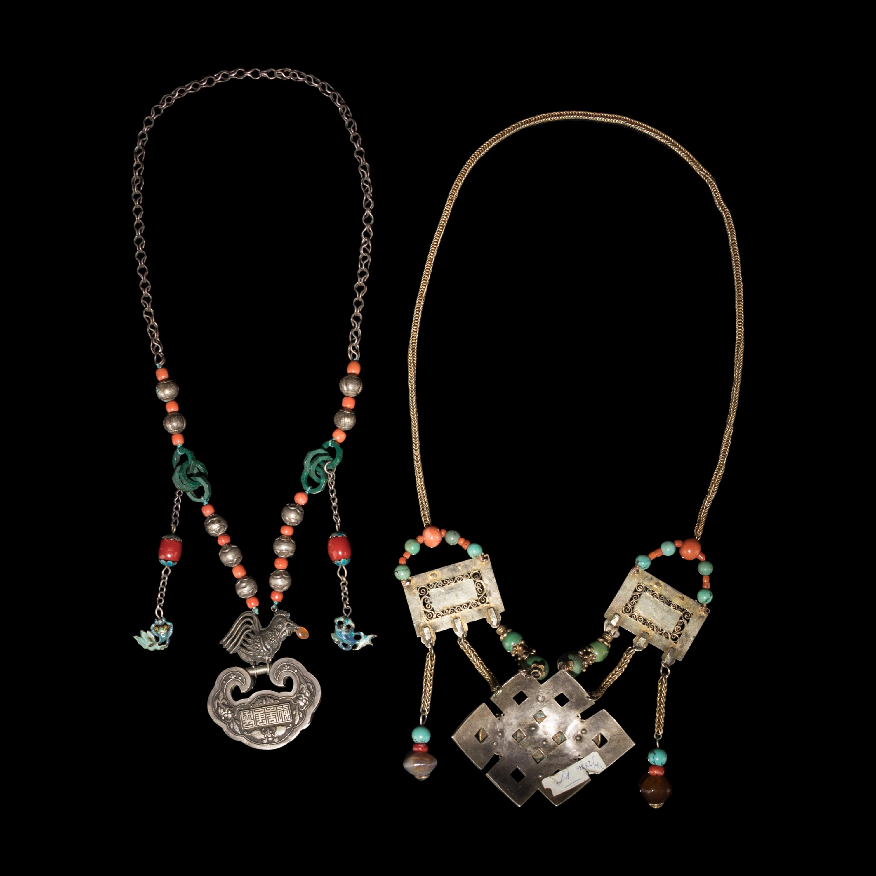 Two Chinese Silver and Coral Necklaces, 19th Century