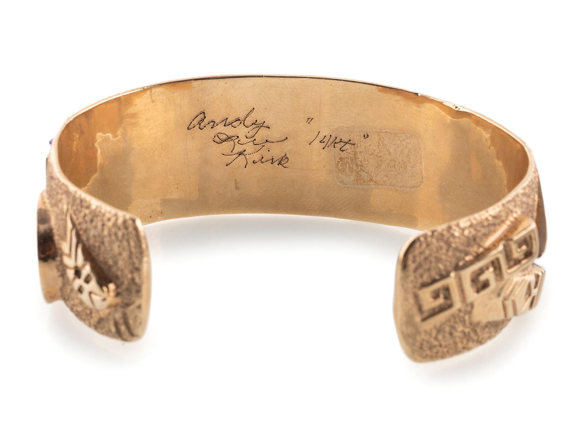 14k Gold Tufa Cast Cuff Bracelet, with Sugilite and Opal Mosaic Inlay