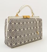 A Roberta Di Camerino Cream and Black Woven Structured Handbag, 14" x 9.5" x 5"; Handle drop: 3".