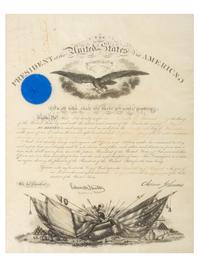 JOHNSON, Andrew (1808-1875). Partly-printed commission document stamp-signed ("Andrew Johnson"). Washington, D.C., 20 August 1866.