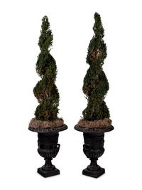 A Pair of Victorian Style Iron Urns with Topiaries