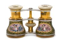 A Pair of French Enameled and Mother-of-Pearl Inset Opera Glasses, Width 4 1/8 inches.