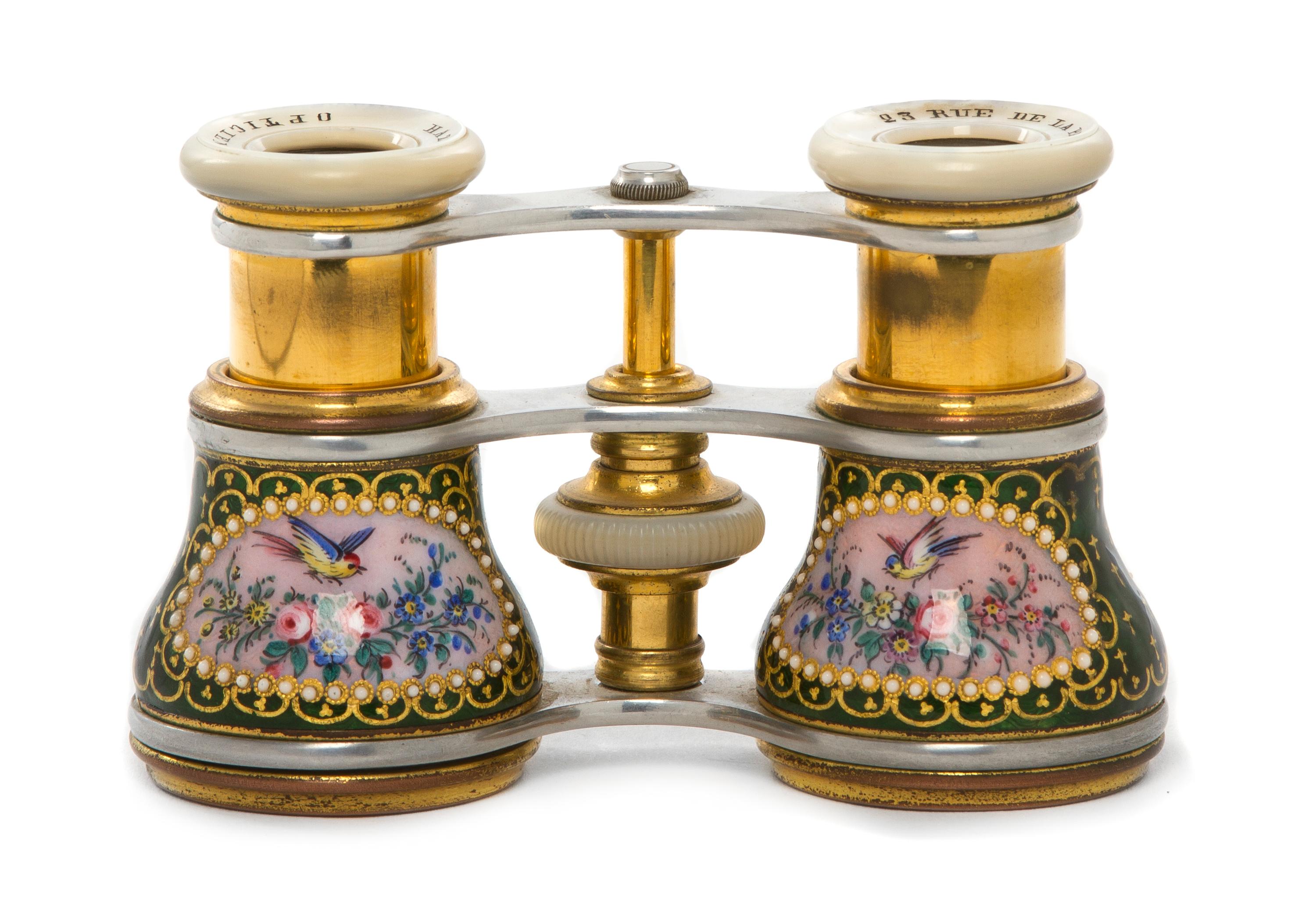 A Pair of French Enameled and Mother-of-Pearl Inset Opera Glasses, Width 4 1/8 inches.