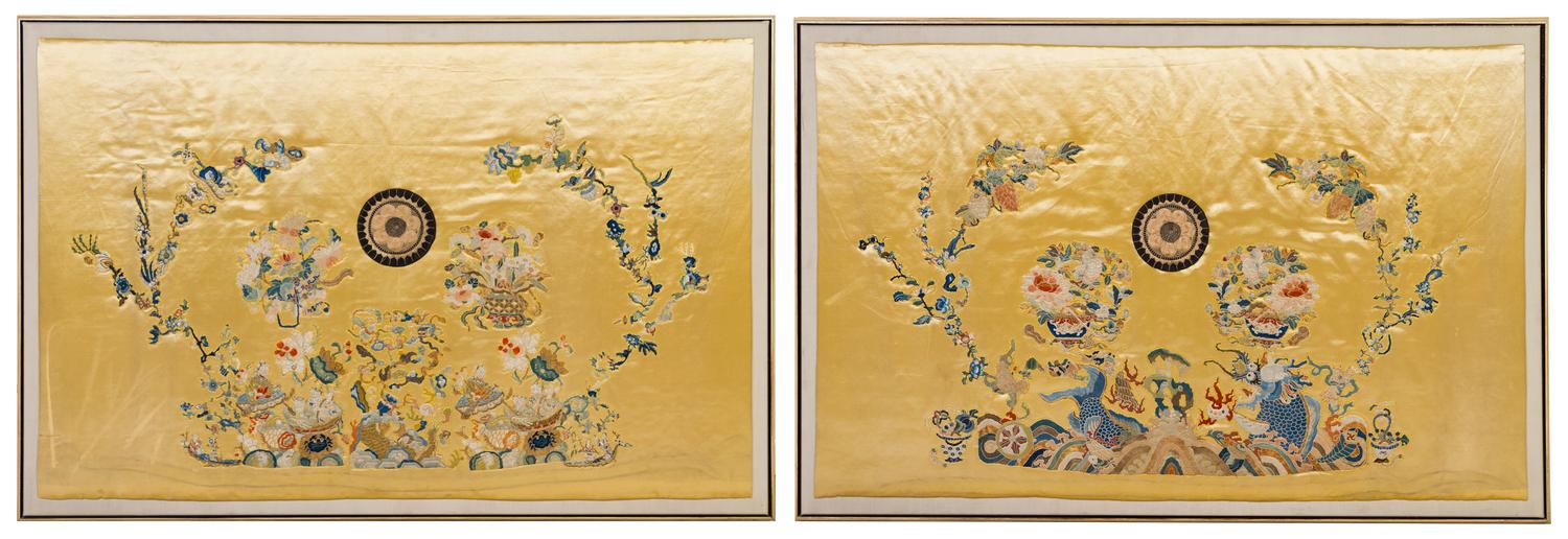 A Rare Set of Six Chinese Imperial Yellow Embroidered Silk Panels 19TH CENTURY Largest 66 x 44 1/2 inches. — 19TH CENTURY