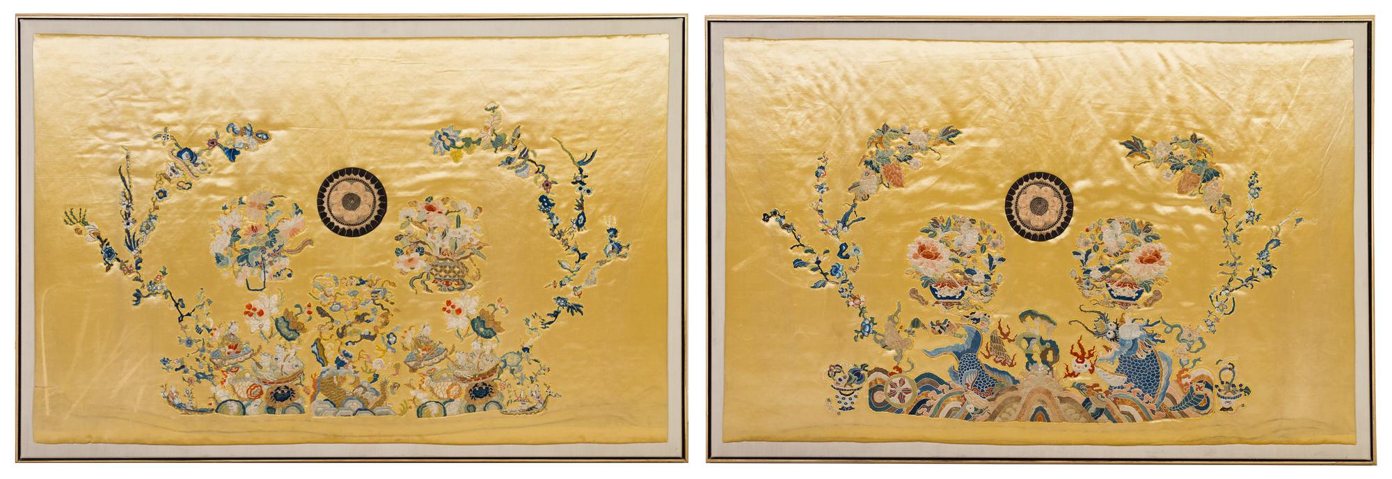 A Rare Set of Six Chinese Imperial Yellow Embroidered Silk Panels 19TH CENTURY Largest 66 x 44 1/2 inches. — 19TH CENTURY