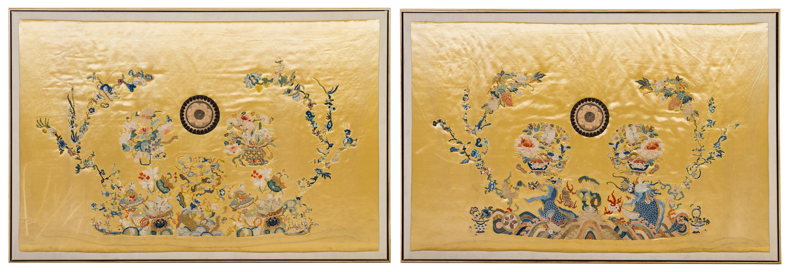 A Rare Set of Six Chinese Imperial Yellow Embroidered Silk Panels 19TH CENTURY Largest 66 x 44 1/2 inches. — 19TH CENTURY