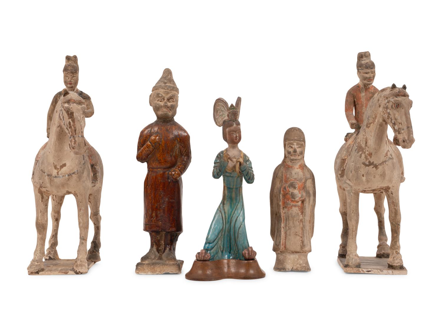 A Pair of Chinese Glazed Terra Cotta Horses with Riders and Three Glazed Terra Cotta Figures