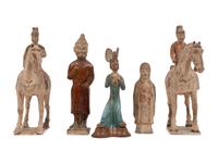 A Pair of Chinese Glazed Terra Cotta Horses with Riders and Three Glazed Terra Cotta Figures