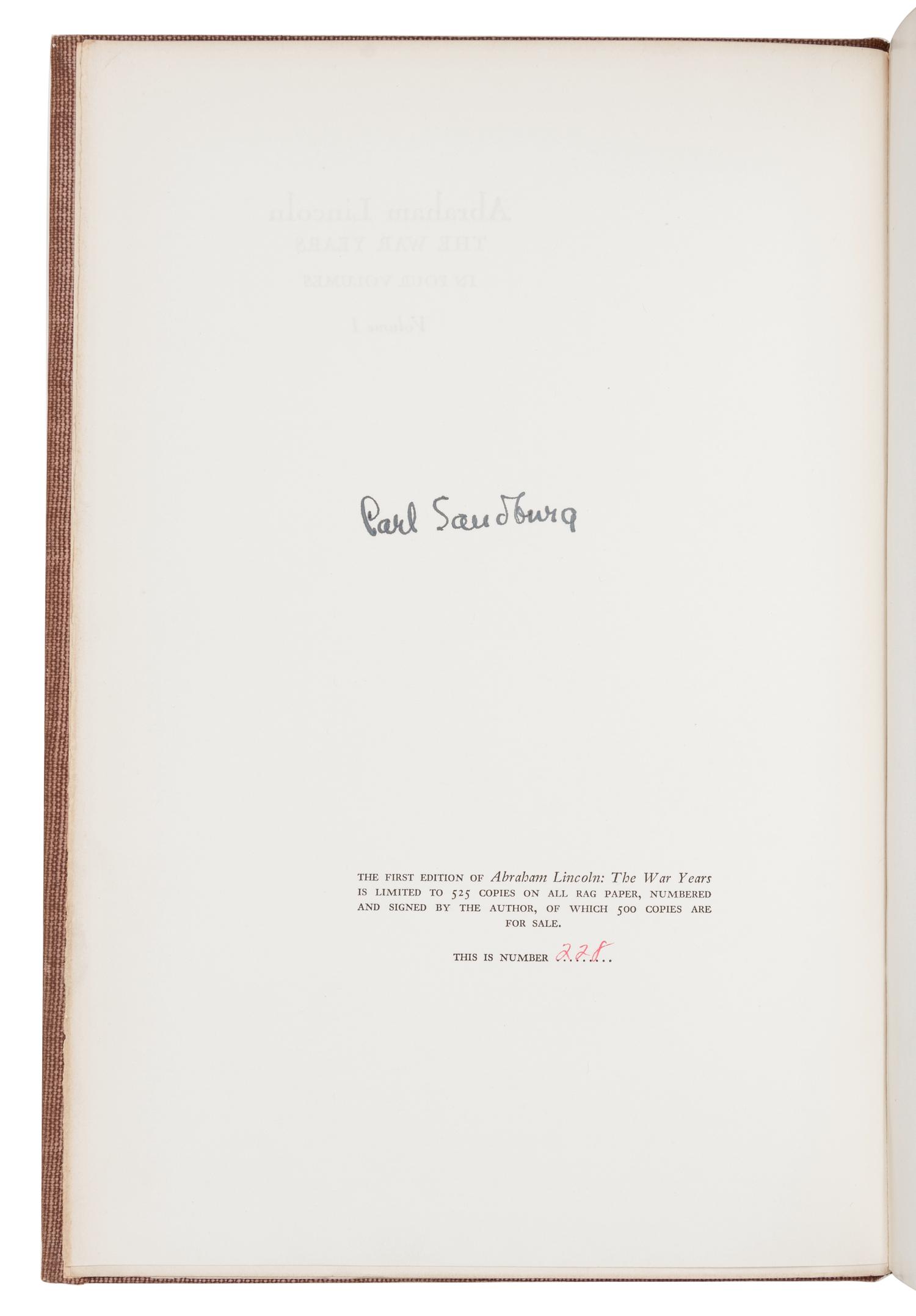 [LINCOLN, Abraham]. SANDBURG, Carl (1878-1967). Abraham Lincoln: The War Years. New York: Harcourt, Brace & Company, 1939.