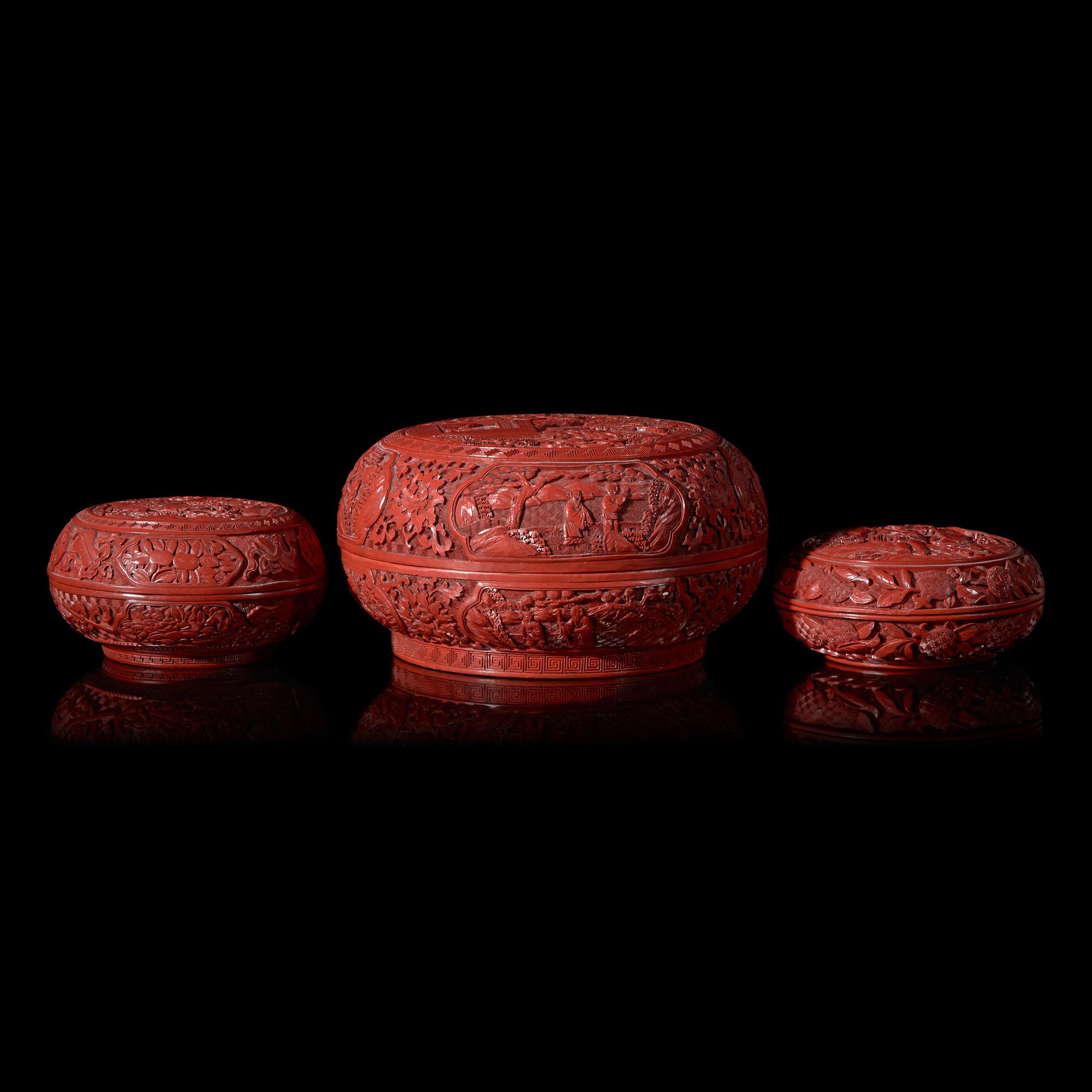A Group of Three Chinese Cinnabar Lacquer Boxes, Late 19th/20th century 晚清民國 剔紅捧盒三件