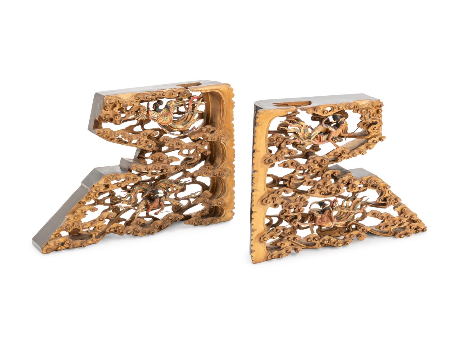 A Pair of Finely Carved Japanese Polychrome and Gilt Painted Wood Temple Carvings