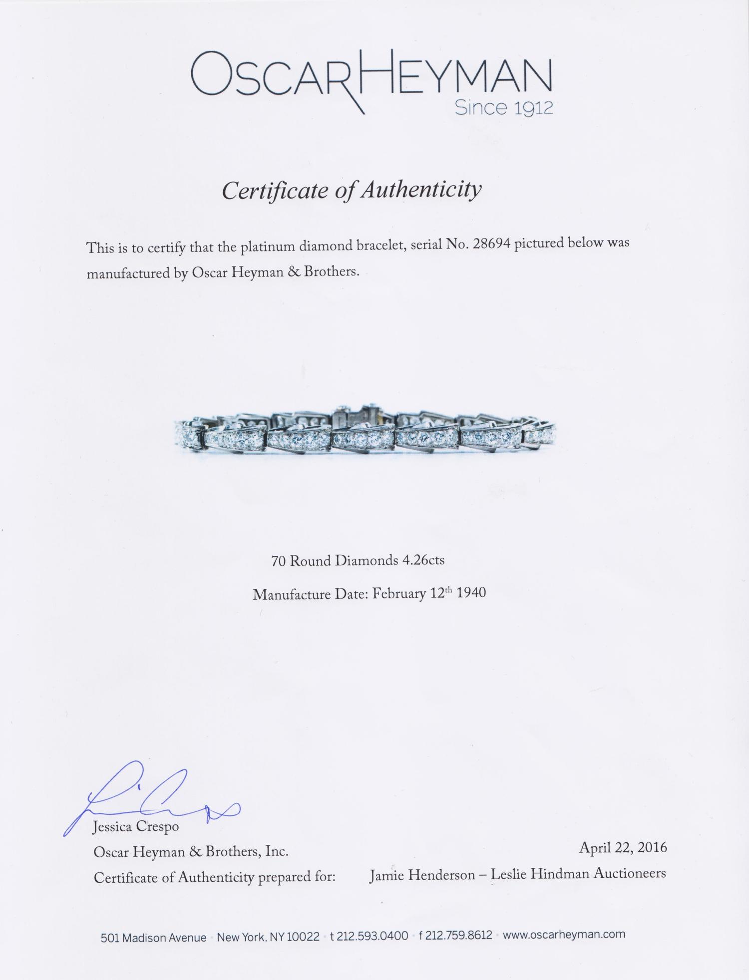 A Retro Platinum and Diamond Bracelet, Circa 1940, Oscar Heyman Brothers, 15.00 dwts.