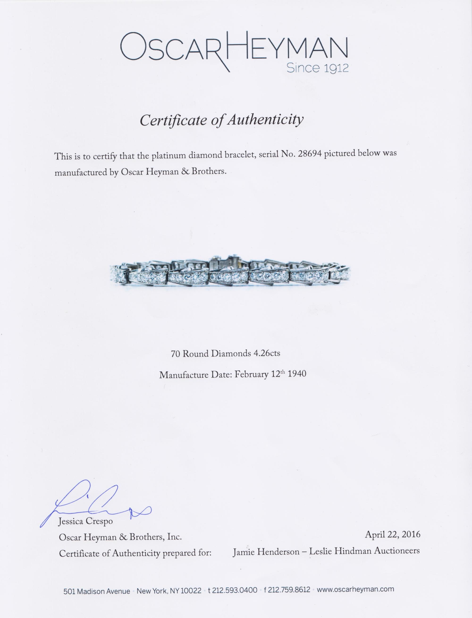 A Retro Platinum and Diamond Bracelet, Circa 1940, Oscar Heyman Brothers, 15.00 dwts.