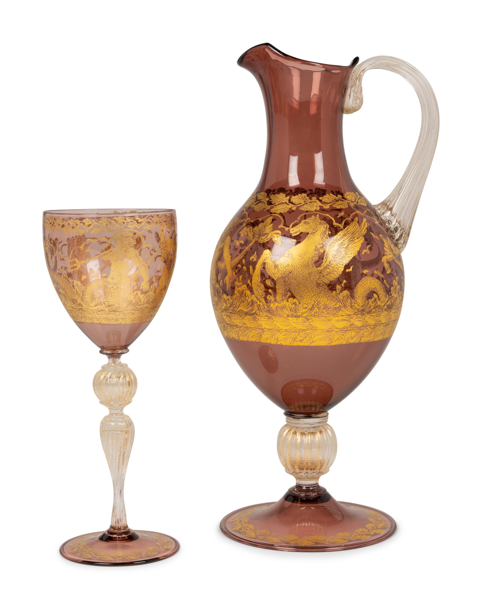 A Venetian Gilt Decorated Glass Stemware Service