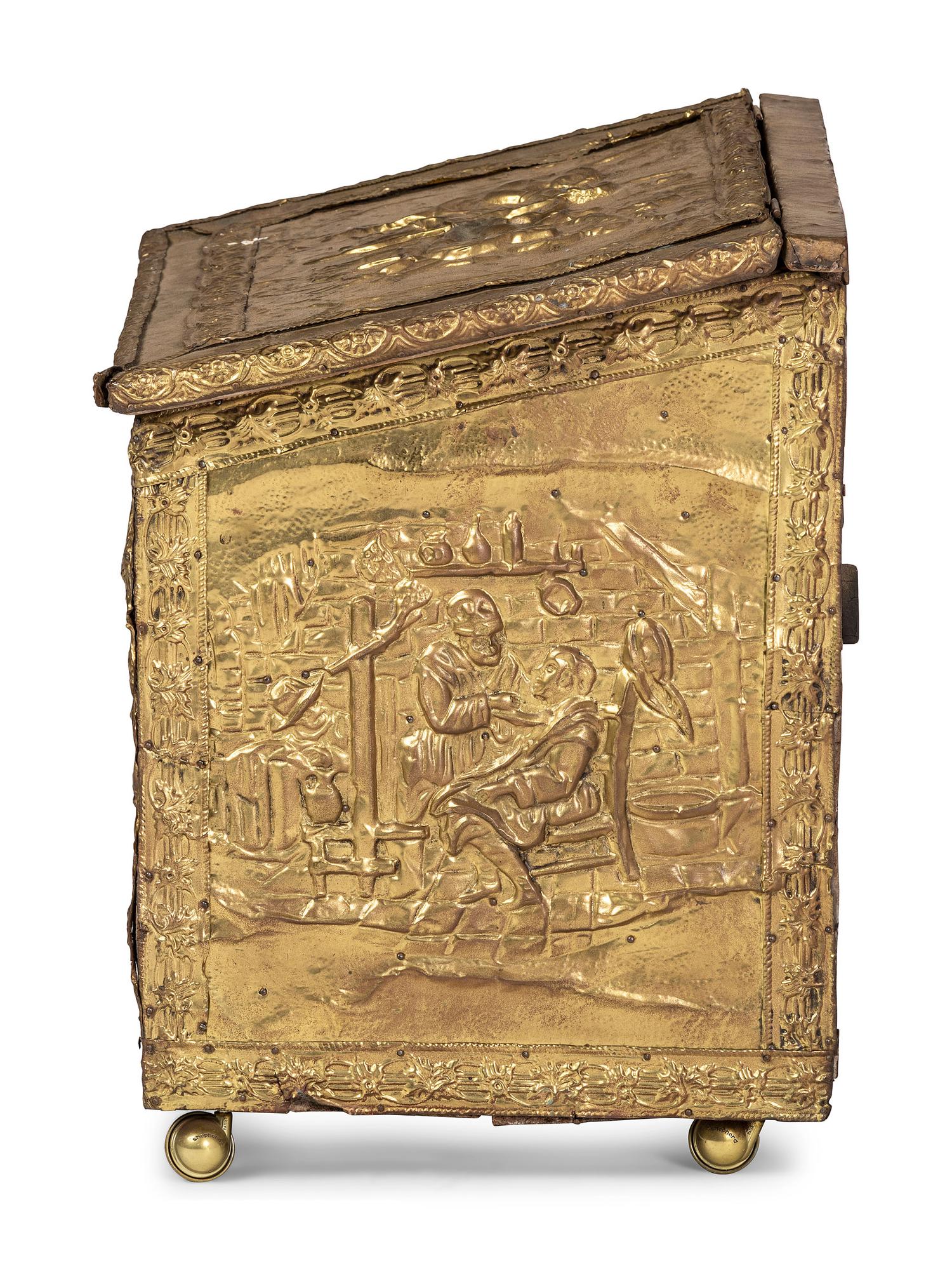 A Neoclassical Hammered Brass Mounted Pine Chest