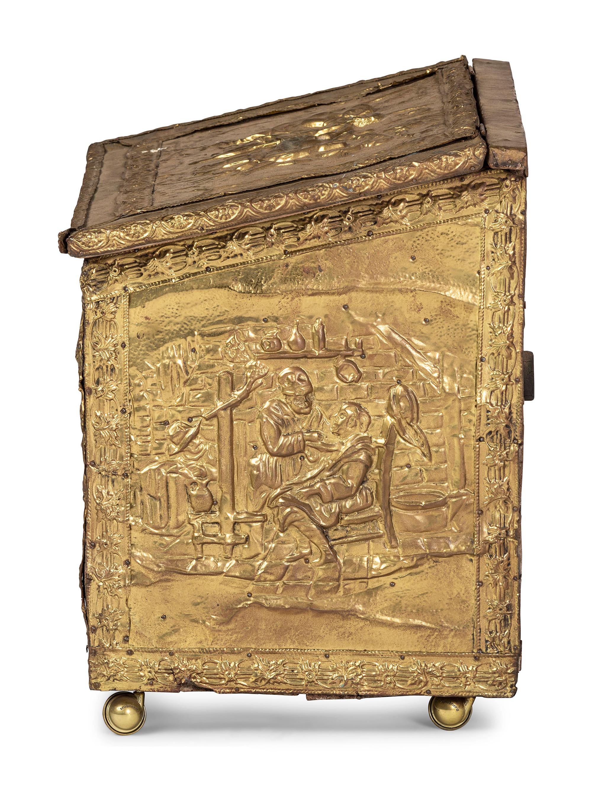 A Neoclassical Hammered Brass Mounted Pine Chest