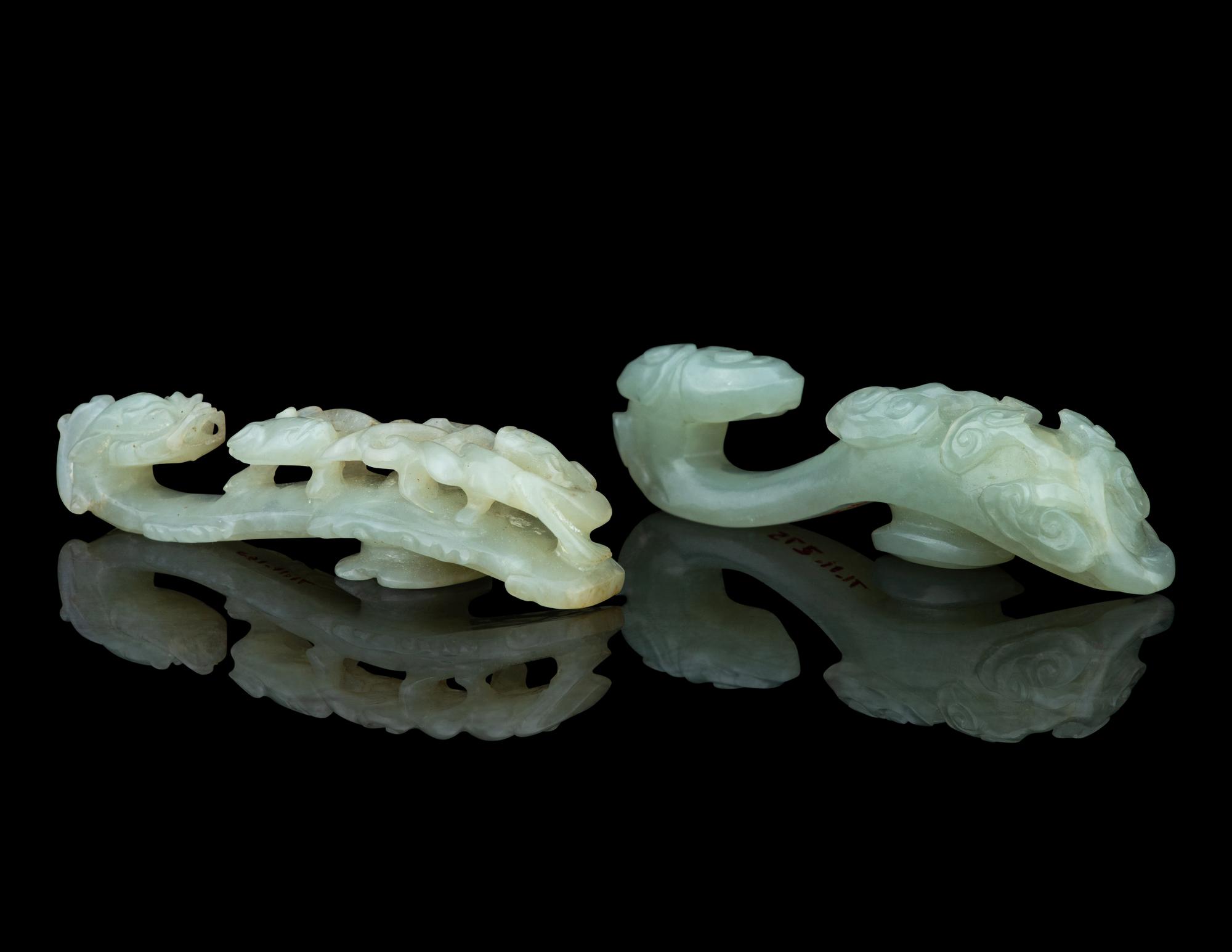 Two Pale Celadon Jade Belt Hooks
