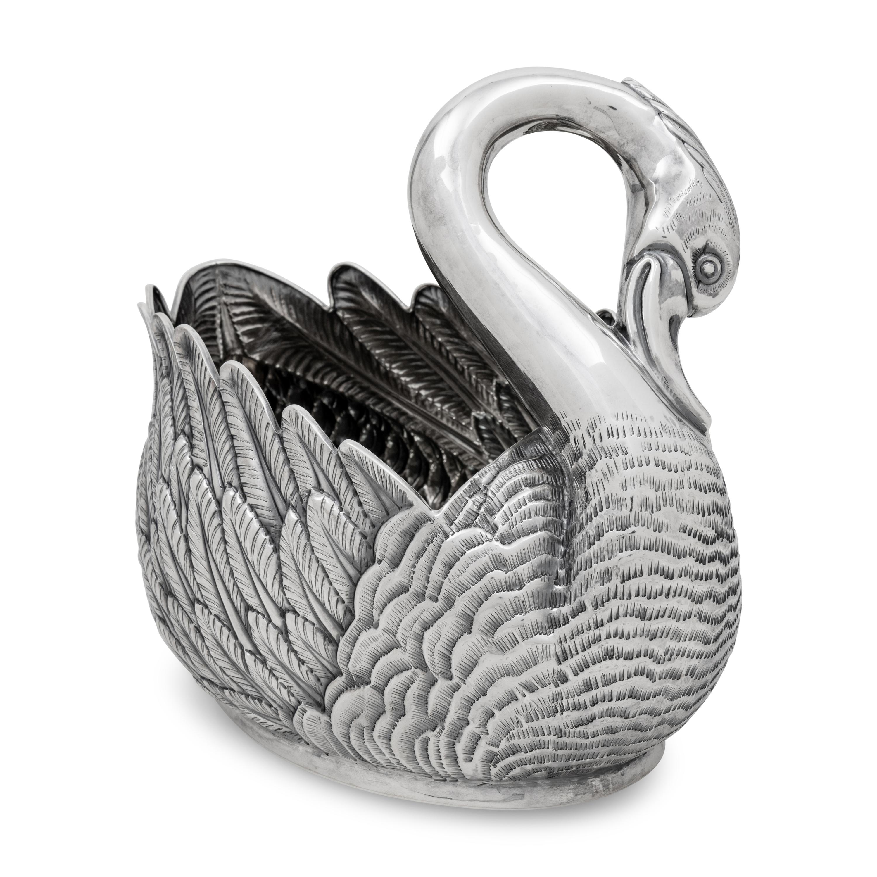 A Modern Fabergé Silver Swan Centerpiece