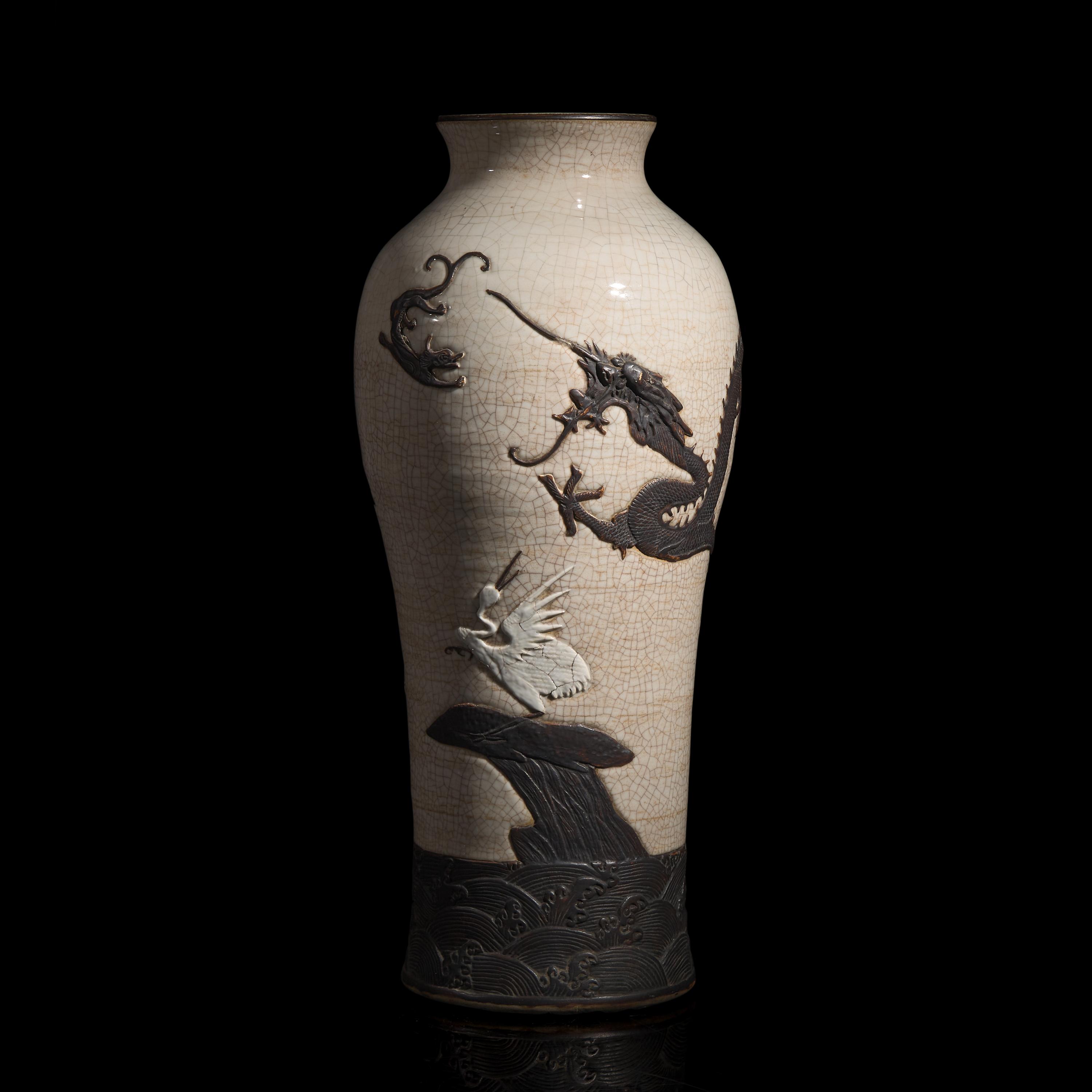 A Large Chinese Crackle Glazed Iron-Decorated 'Dragon and Crane' Vase, Late 19th Century — 清晚期 仿哥釉鐵鏽花龍紋大賞瓶