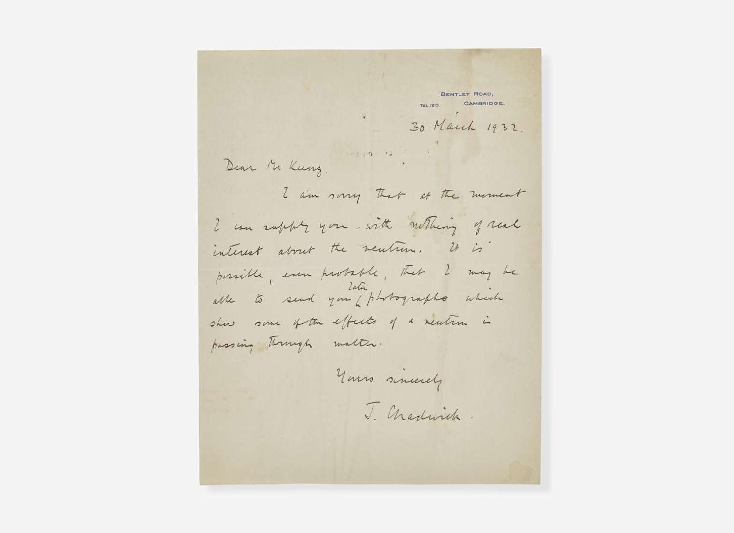 [Science, Medicine & Mathematics] Chadwick, James: Autograph Letter, signed