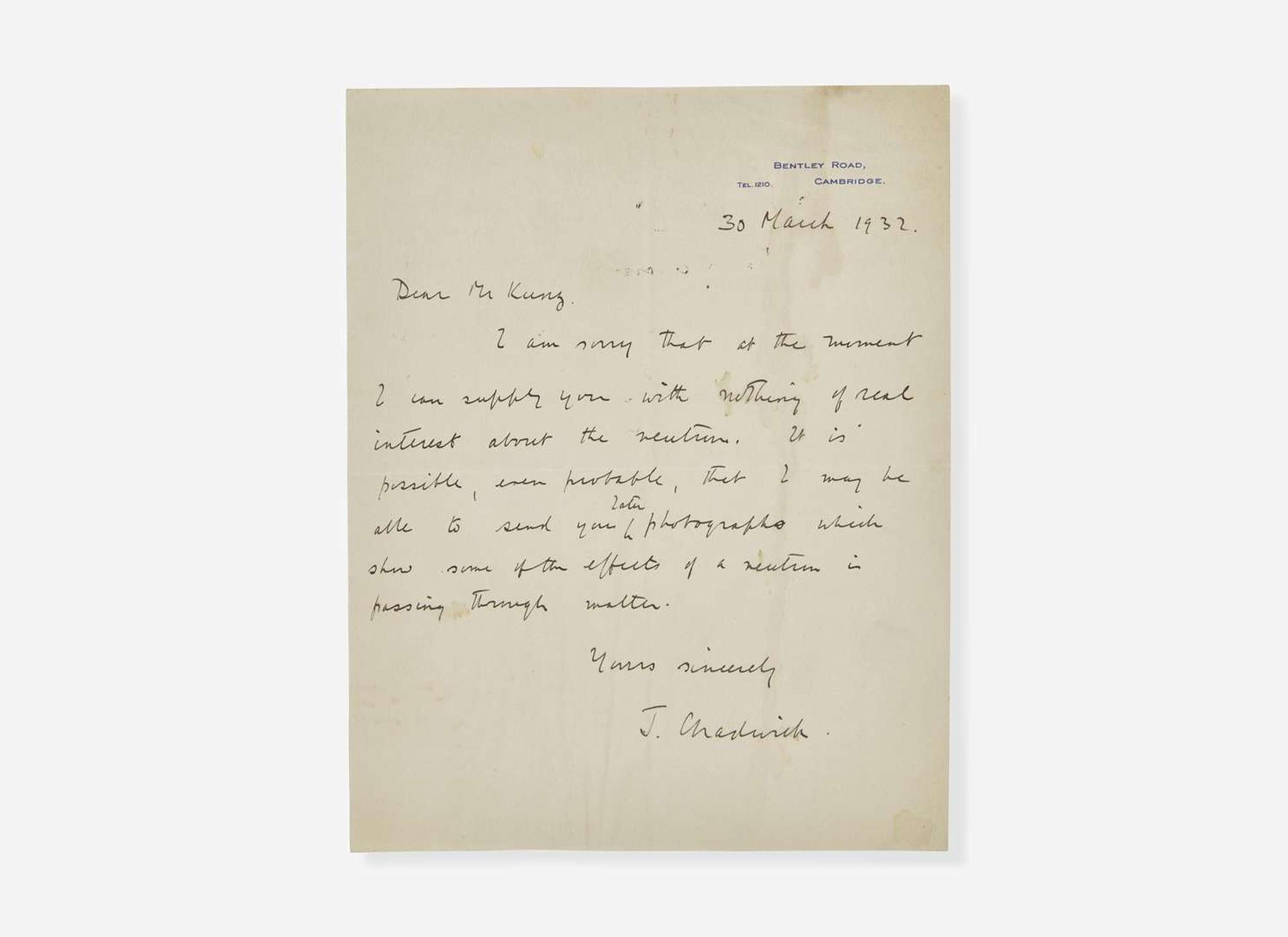 [Science, Medicine & Mathematics] Chadwick, James: Autograph Letter, signed