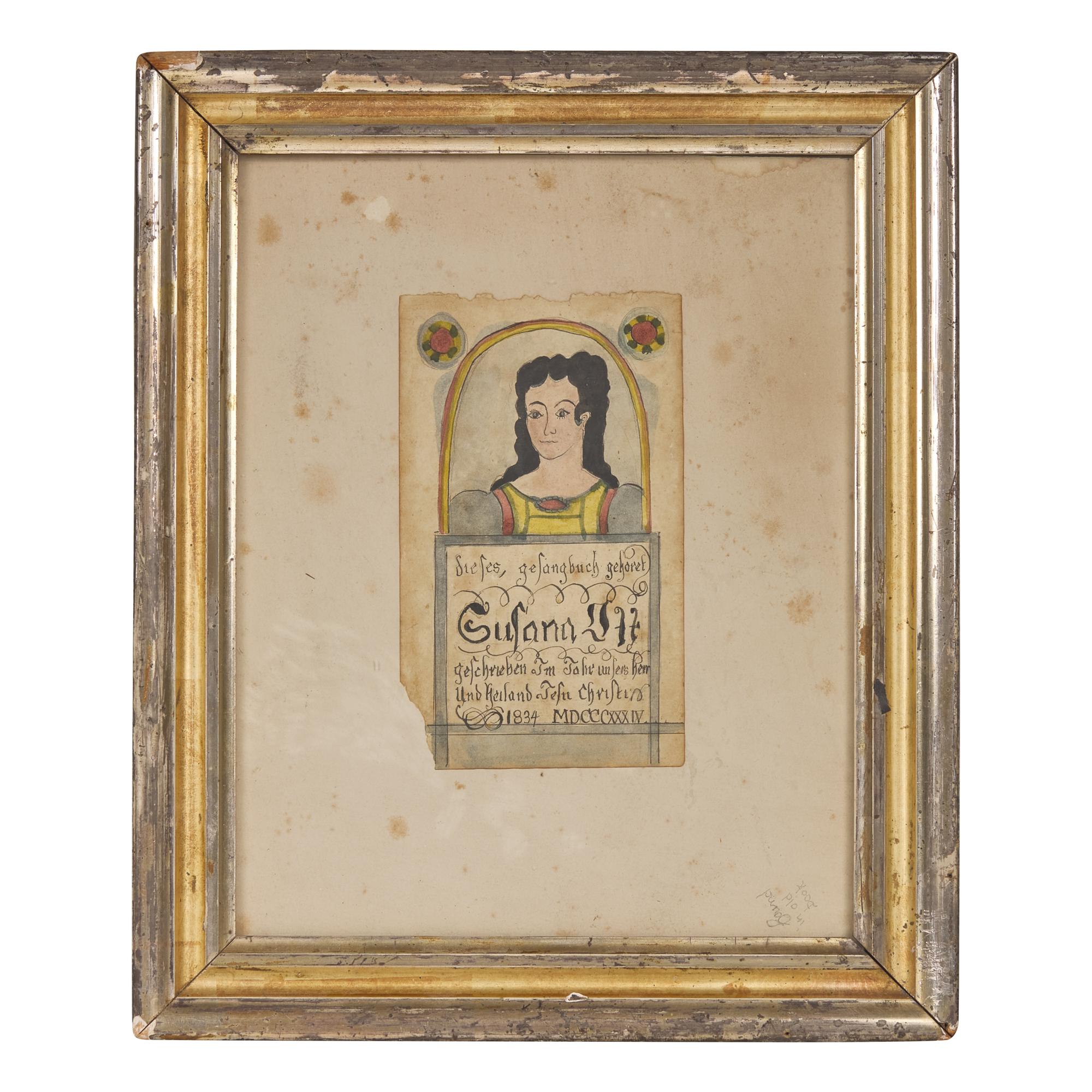 American School 19th Century, A Fraktur Bookplate for Susana Ott's Hymnbook