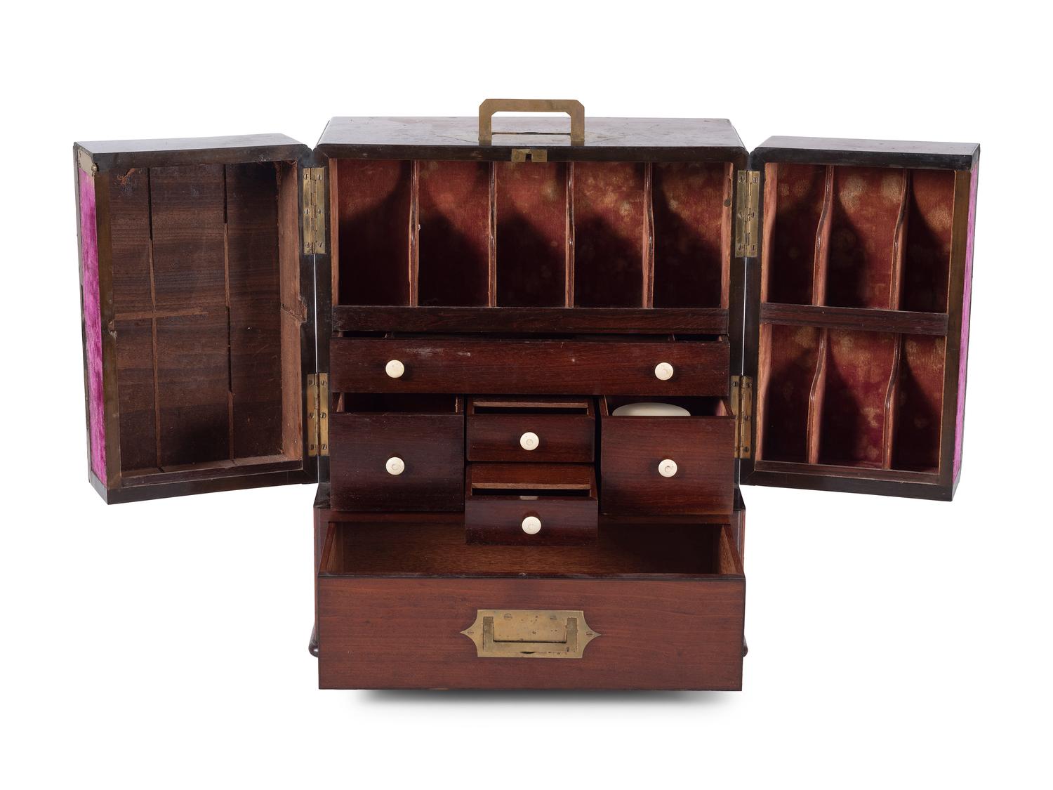 A Regency Brass Mounted Mahogany Traveling Apothecary Chest