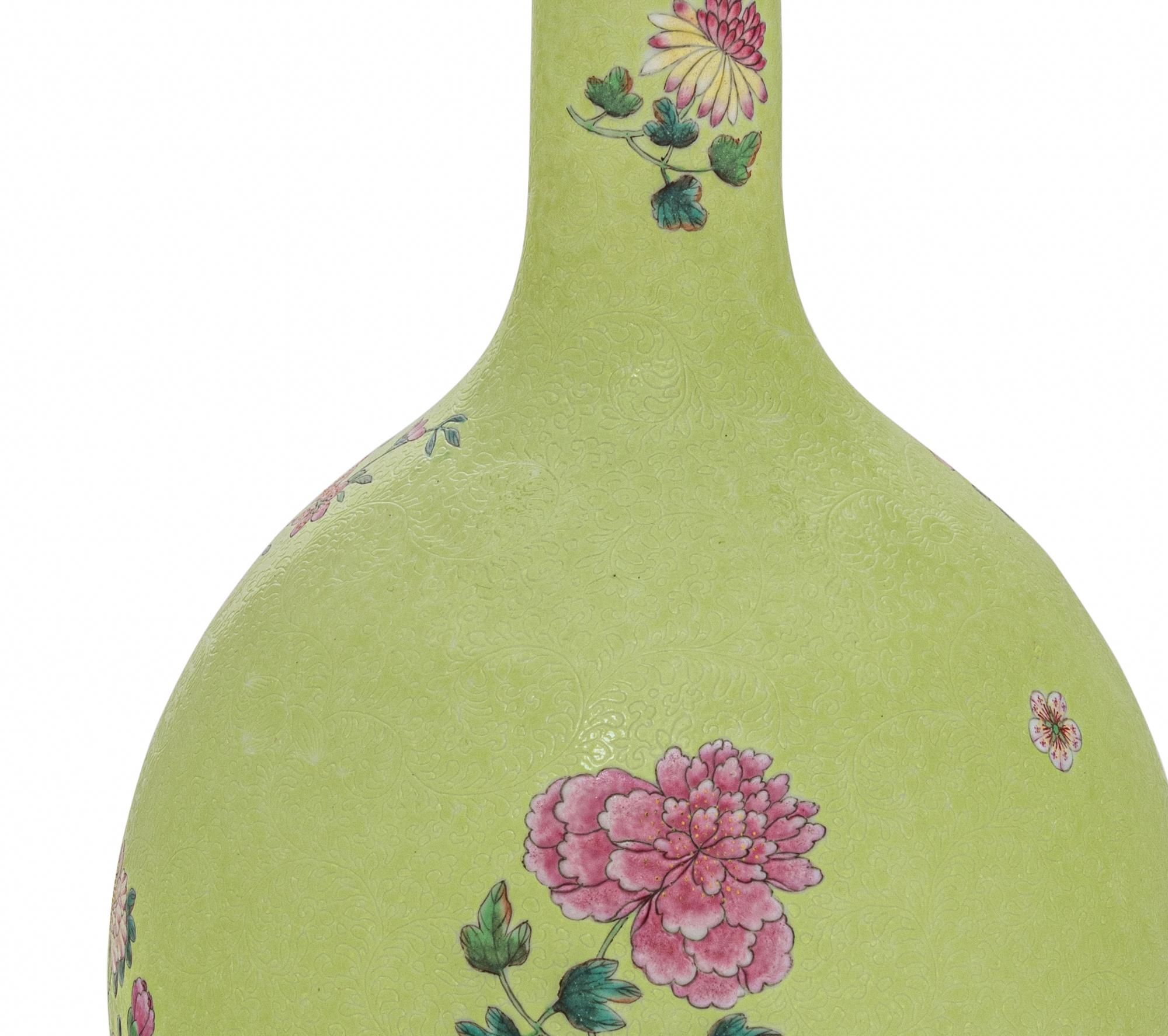 A Lime Green-Ground Sgraffito 'Floral' Bottle Vase