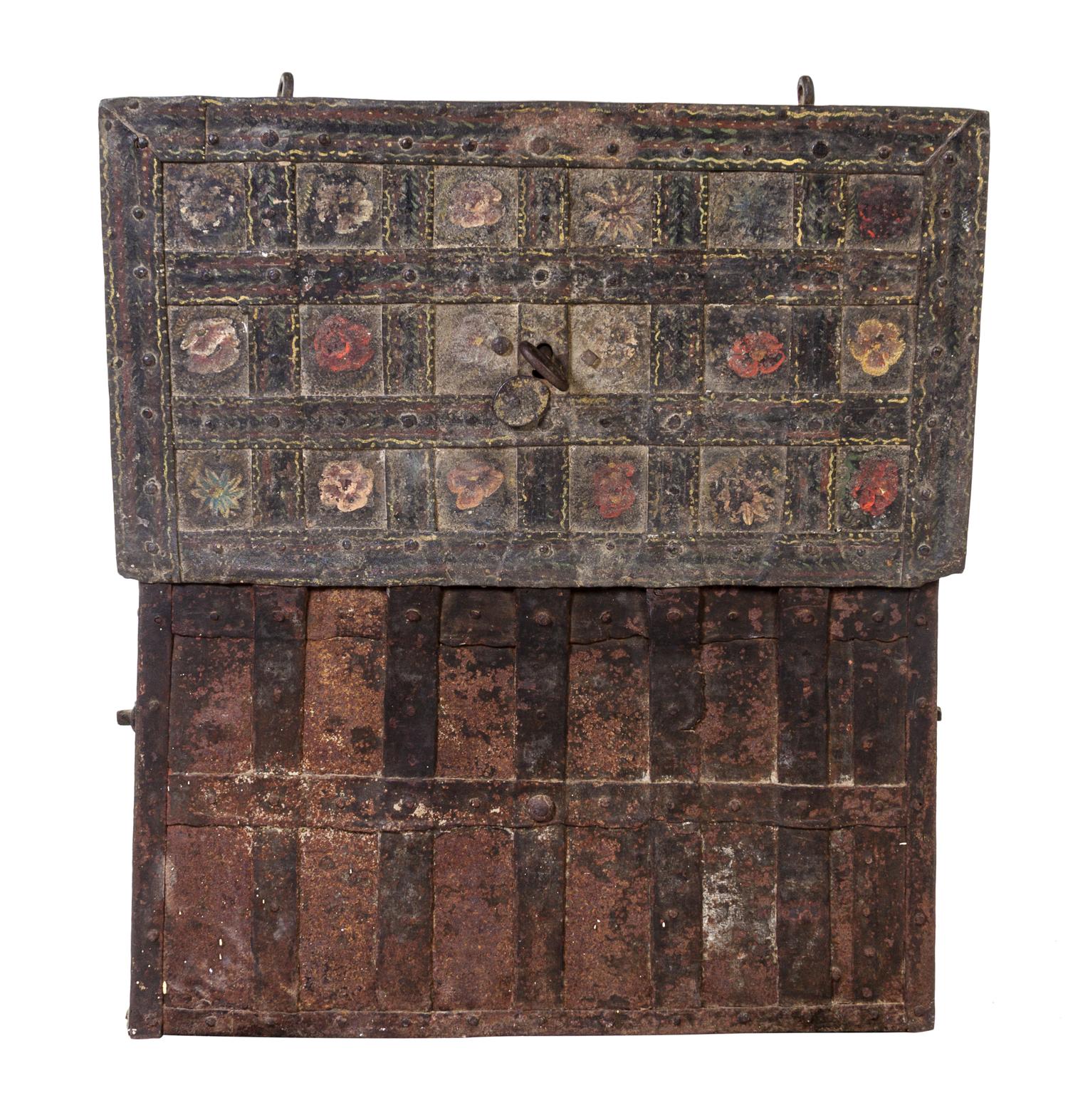 A Continental Polychrome Decorated Iron Strong Box Height 19 1/2 x width 34 3/4 x depth 19 7/8 inches. — 17TH/18TH CENTURY