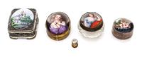 Five Continental Porcelain Plaque Inset Boxes, 19th/20th century, comprising two with portraits of ladies, one with a building, one wit