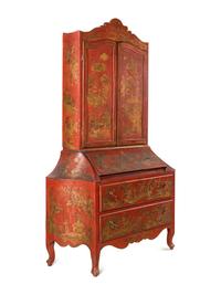 An Italian Red and Gilt-Japanned Bureau Cabinet