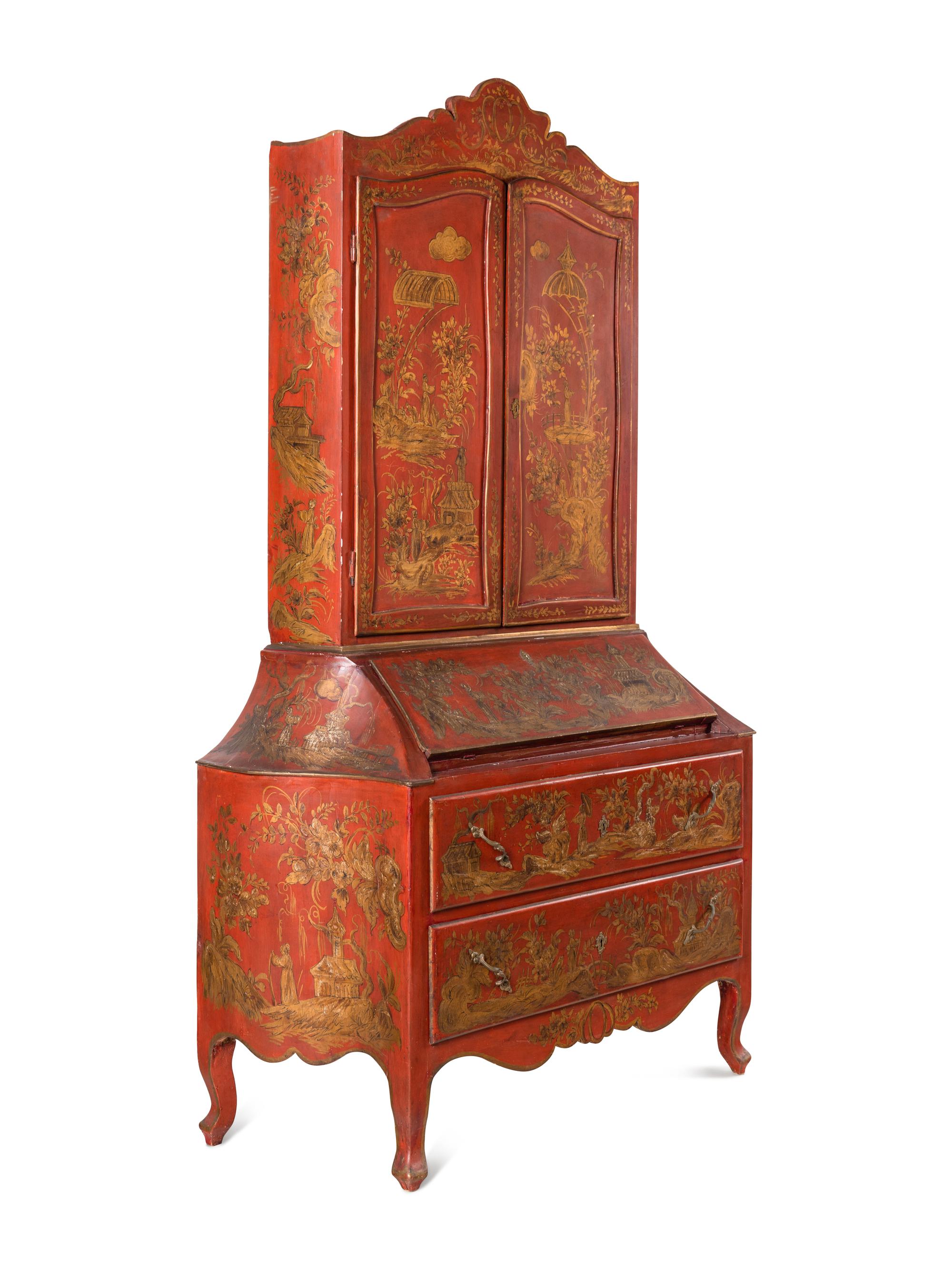 An Italian Red and Gilt-Japanned Bureau Cabinet
