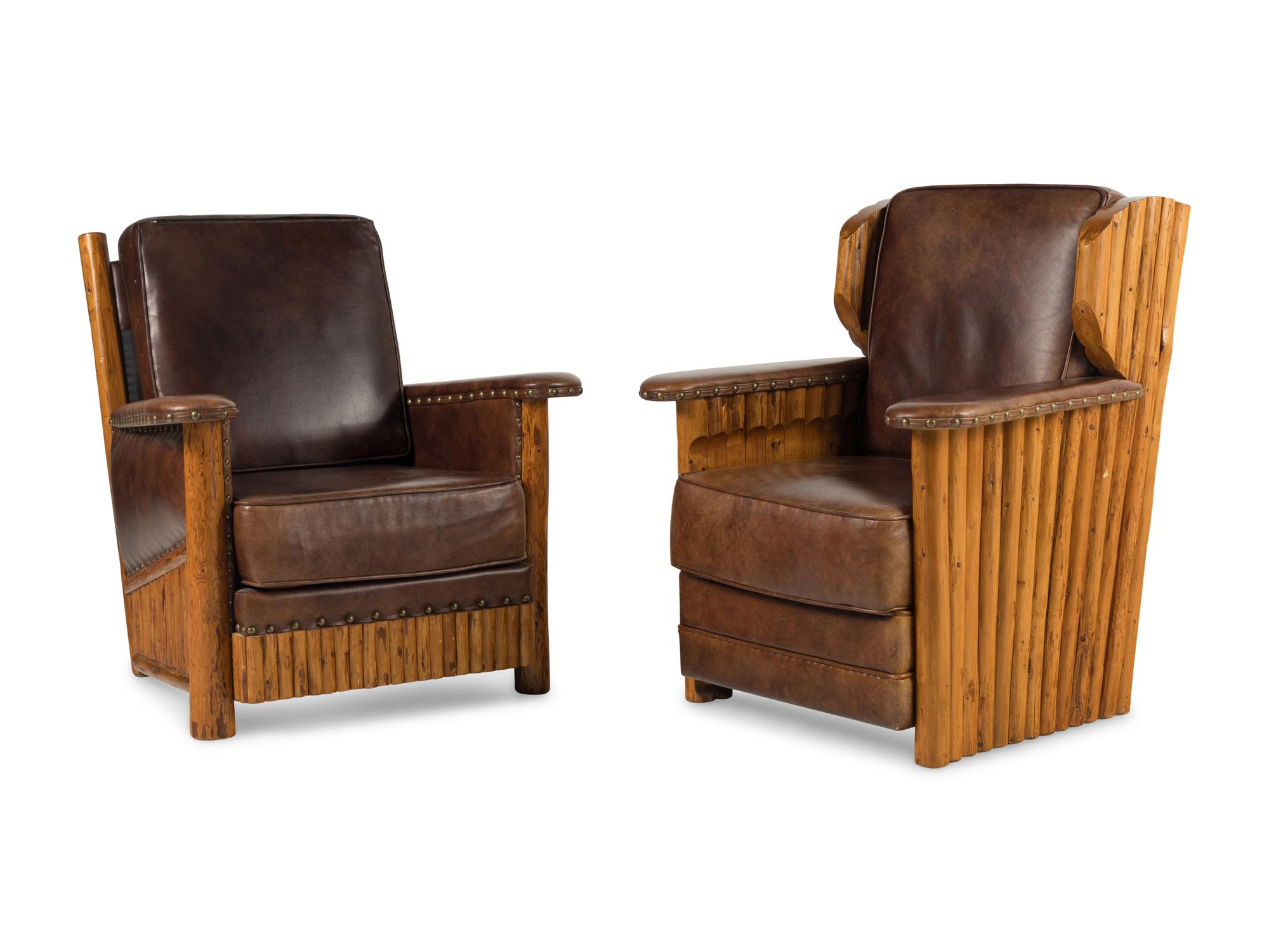 Two Adirondack Style Branch and Leather Club Chairs