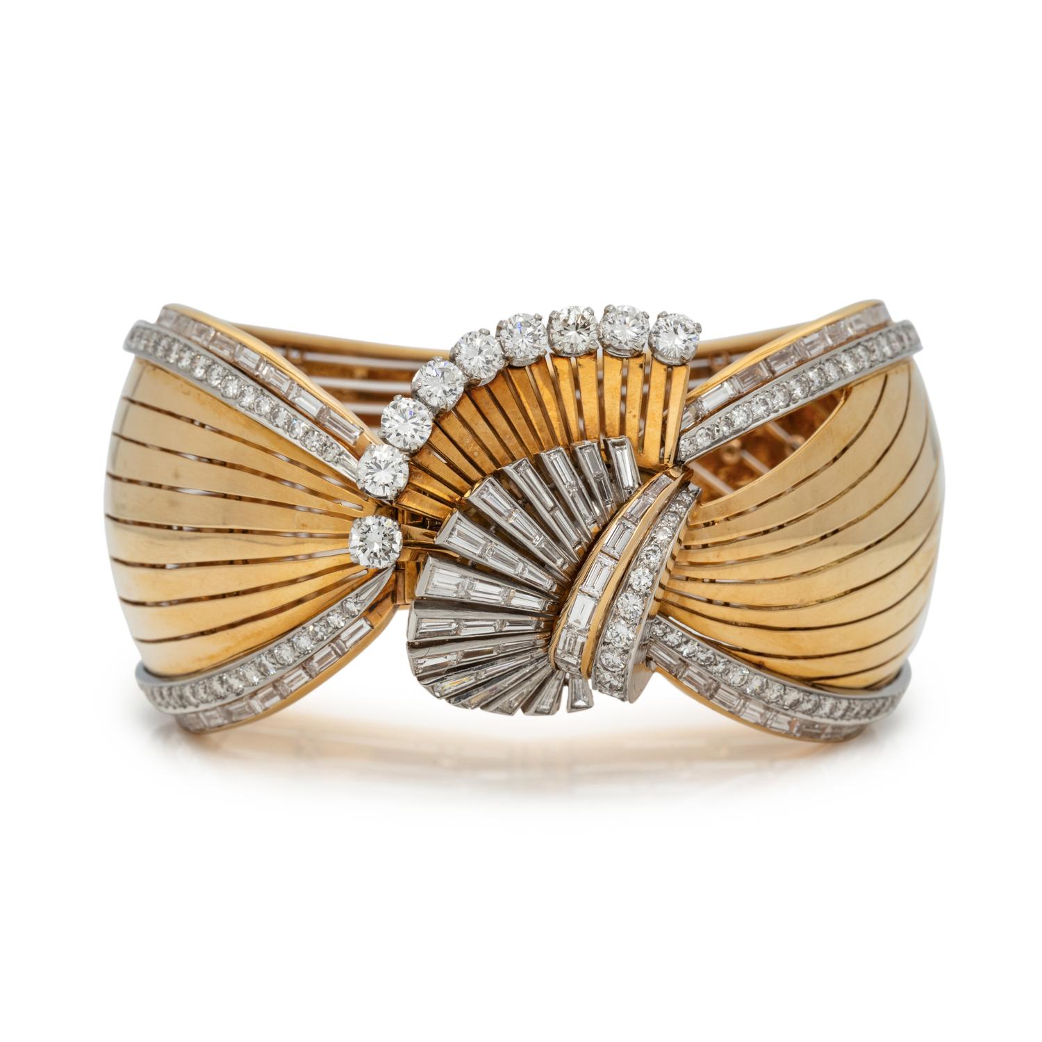 FRENCH, RETRO, YELLOW GOLD, PLATINUM AND DIAMOND BANGLE BRACELET