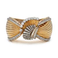 FRENCH, RETRO, YELLOW GOLD, PLATINUM AND DIAMOND BANGLE BRACELET