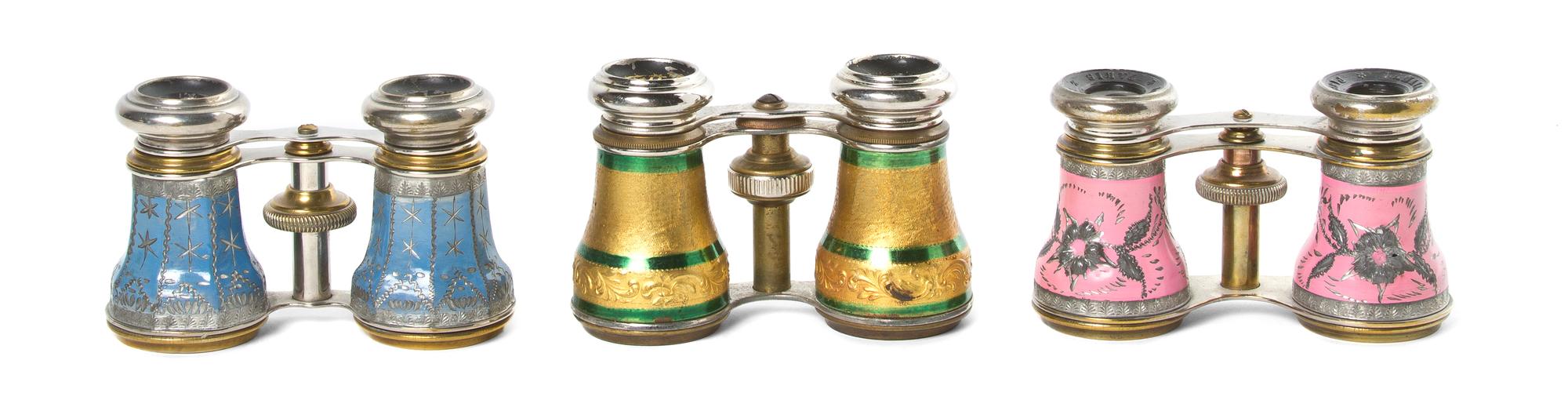 Three Pairs of French Opera Glasses, Width 4 1/8 inches.