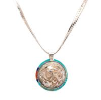 Cast Silver Pendant, with Petroglyph Design and Turquoise, Lapis, and Coral Inlay Lot is located and will ship from Denver, Colorado.