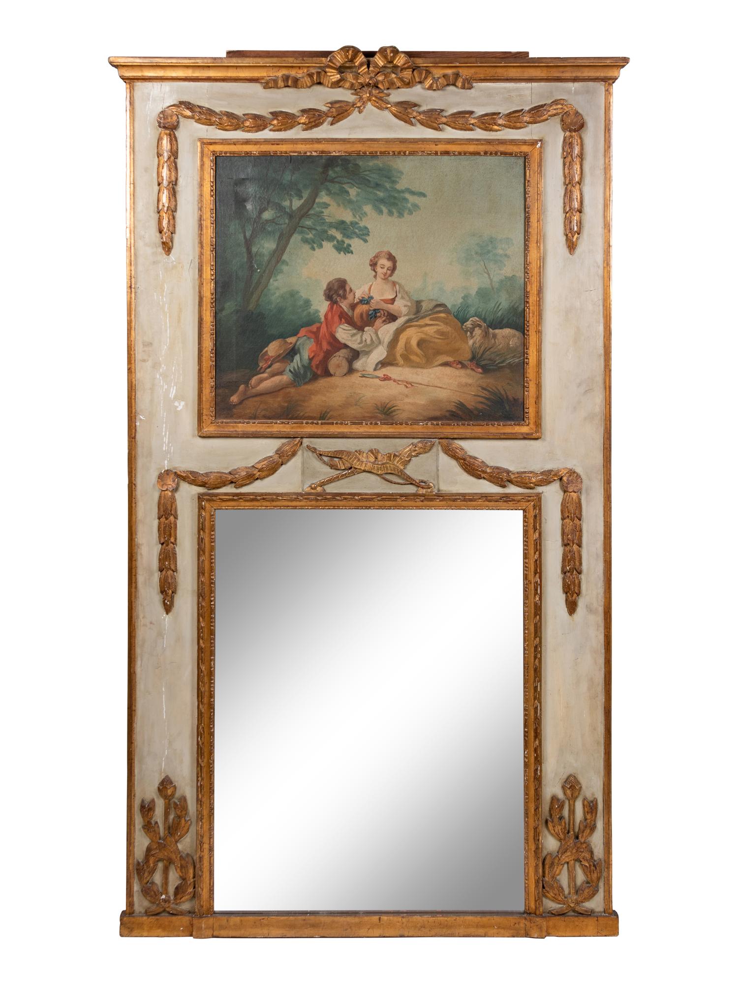 A Louis XVI Style Parcel-Gilt and Grey-Painted Trumeau