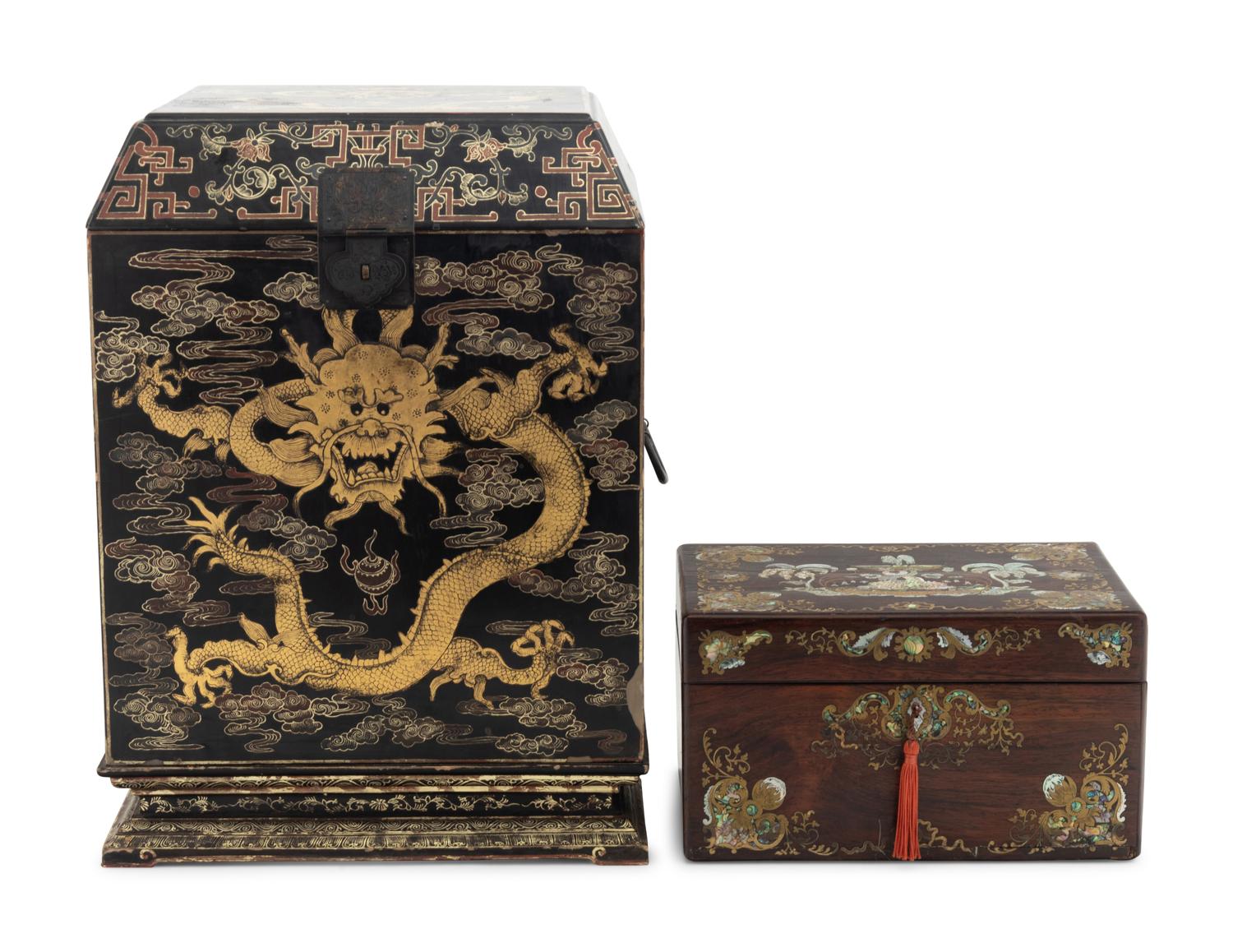 A Chinese Export Lacquer Dressing Cabinet and a Mother-of-Pearl Inlaid Rosewood Box