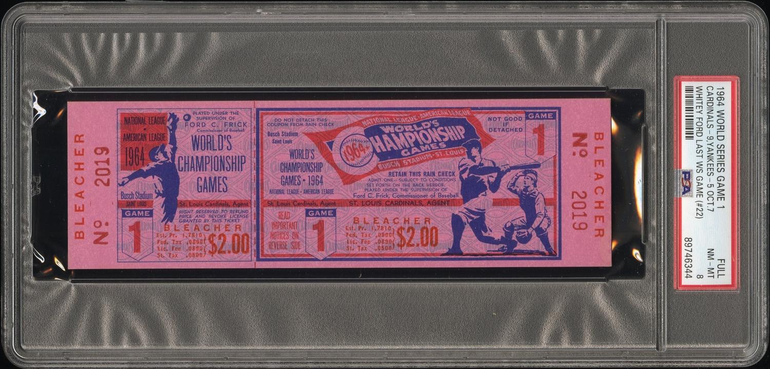 A 1964 St. Louis Cardinals vs. New York Yankees World Series Game 1 Full Ticket (PSA 8 NM-MT) - Whitey Ford's Last World Series Game (Number 22)