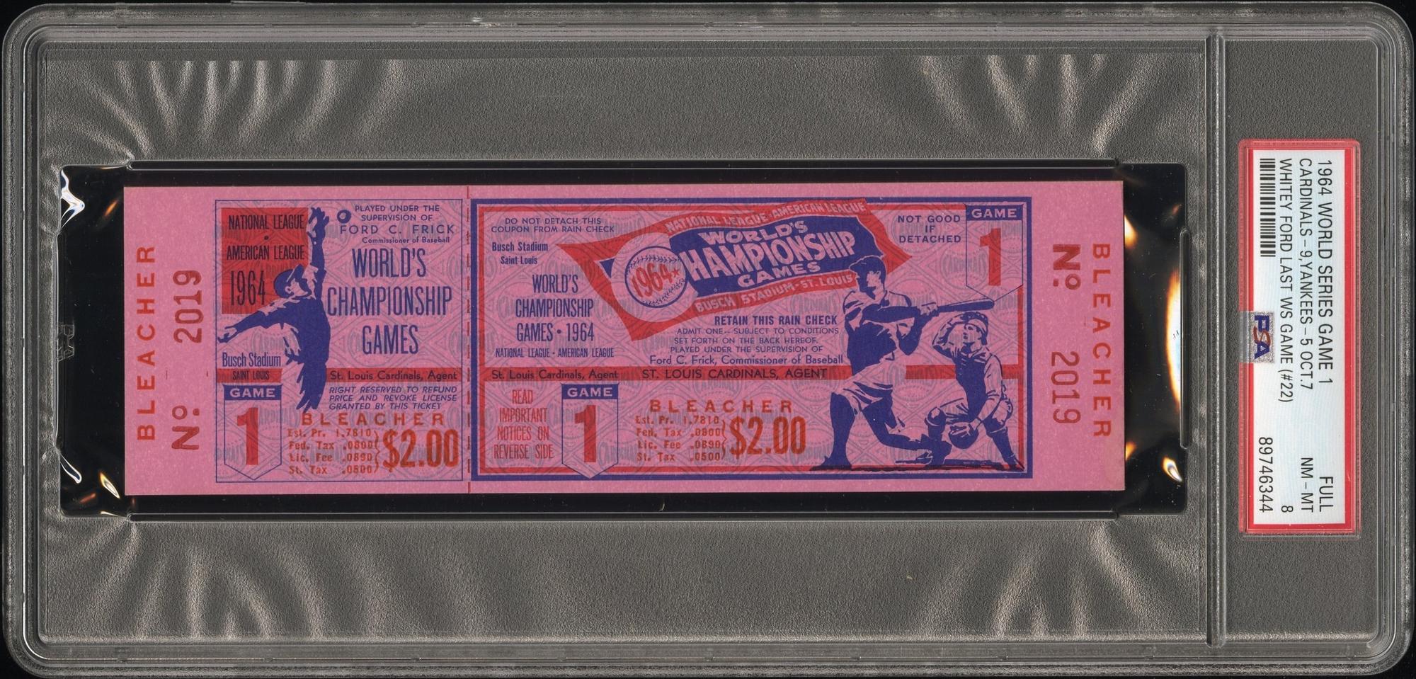 A 1964 St. Louis Cardinals vs. New York Yankees World Series Game 1 Full Ticket (PSA 8 NM-MT) - Whitey Ford's Last World Series Game (Number 22)