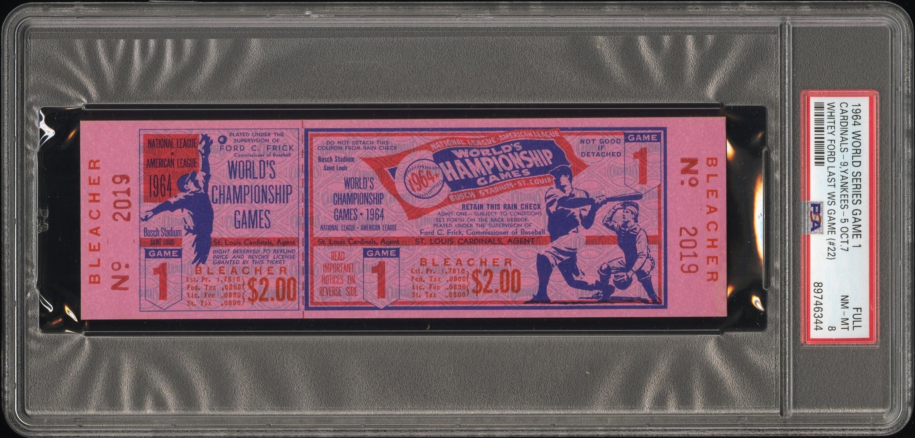 A 1964 St. Louis Cardinals vs. New York Yankees World Series Game 1 Full Ticket (PSA 8 NM-MT) - Whitey Ford's Last World Series Game (Number 22)