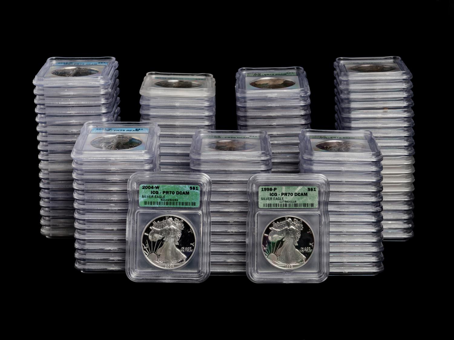 A Large Collection of One Hundred and Five ICG Graded PF70 DCAM Silver Eagle $1 Proof Coins