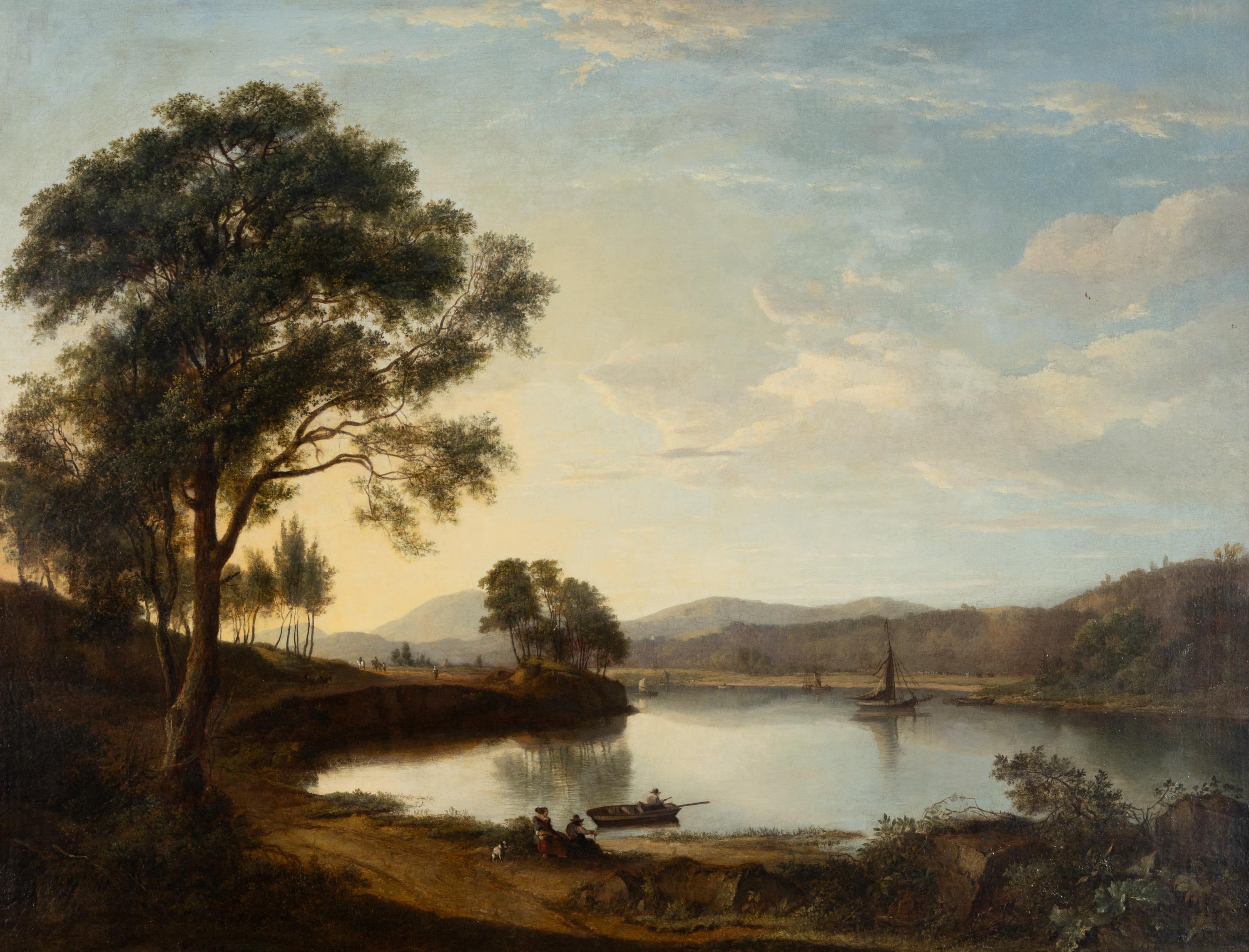 Follower of Alexander Nasmyth (Scottish, 1758-1840) — Travellers on a Roadside by a River, a Figure in a Punt in the Foreground