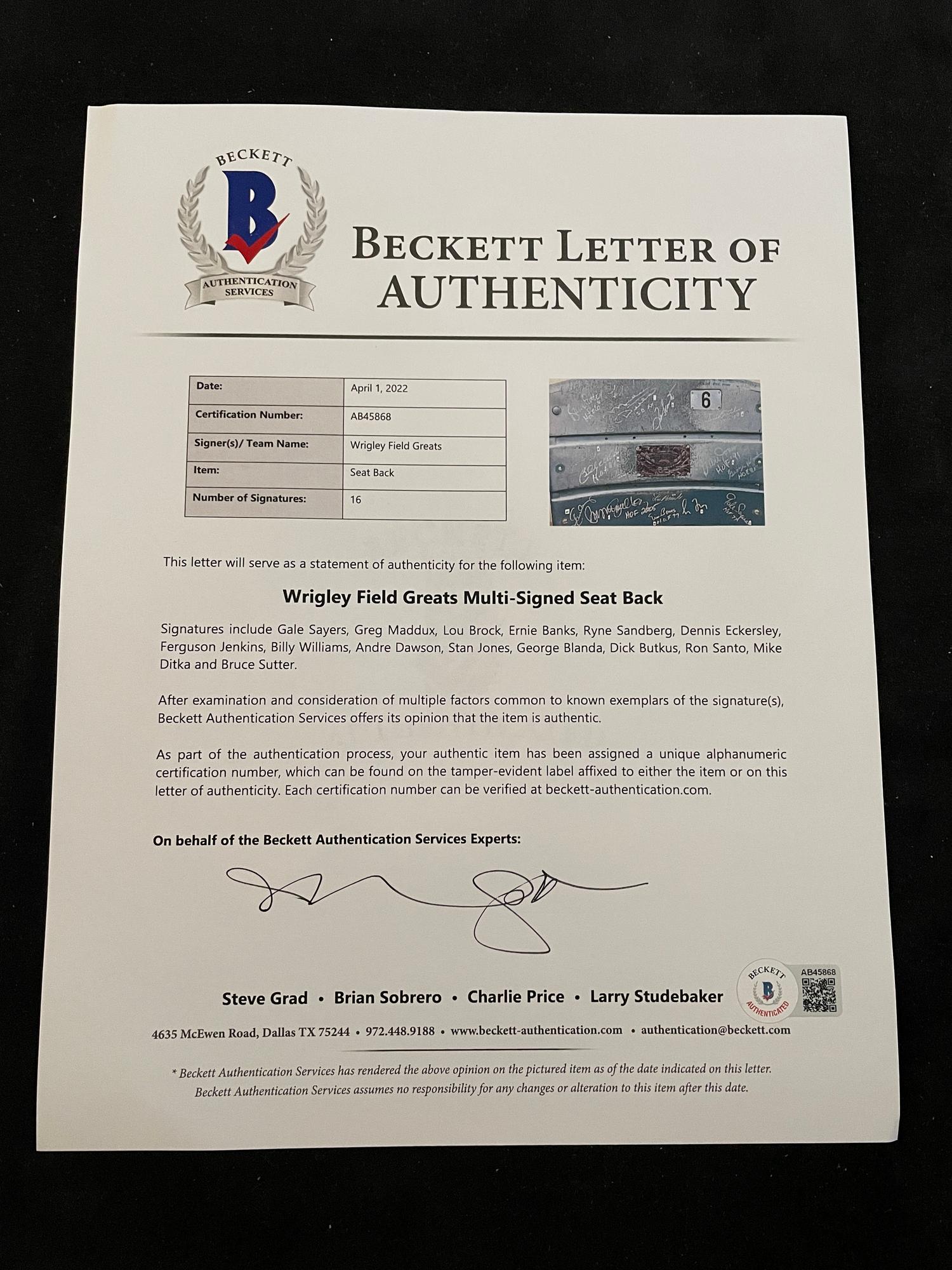 An Impressive Chicago Football and Baseball Hall of Fame Signed Autograph Vintage Wrigley Field Seatback (Beckett Authentication Services Letter BAS Certified),