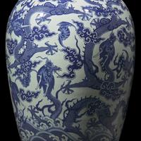 A Magnificent, Monumental, and Extremely Rare Chinese Blue and White 'Nine Dragons' Vase, Qing Dynasty, Jiaqing/Daoguang Period — 清嘉慶/道光 巨型青花九龍大瓶（附山中商會1943年圖錄）
