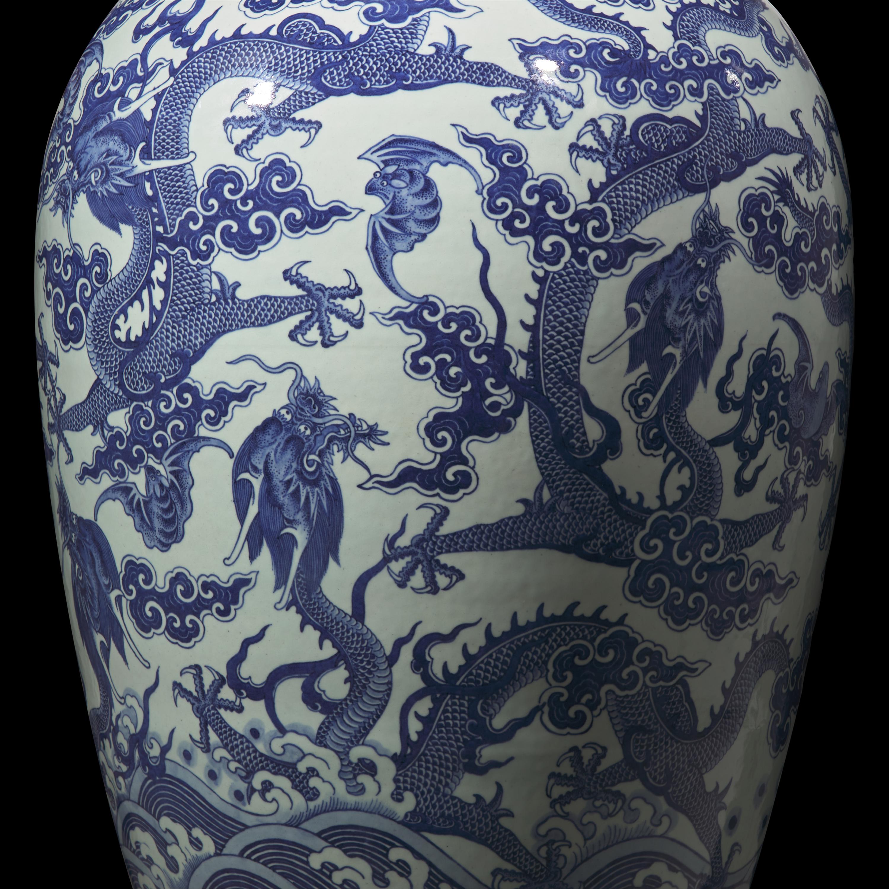 A Magnificent, Monumental, and Extremely Rare Chinese Blue and White 'Nine Dragons' Vase, Qing Dynasty, Jiaqing/Daoguang Period