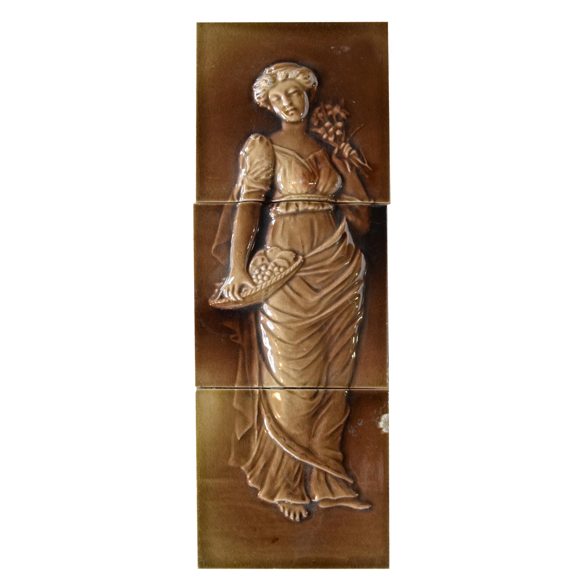 A Three Piece Glazed Ceramic Tile Set by Hamilton Tile Works 6" W x 1" D x 18" H — United States, 19th Century