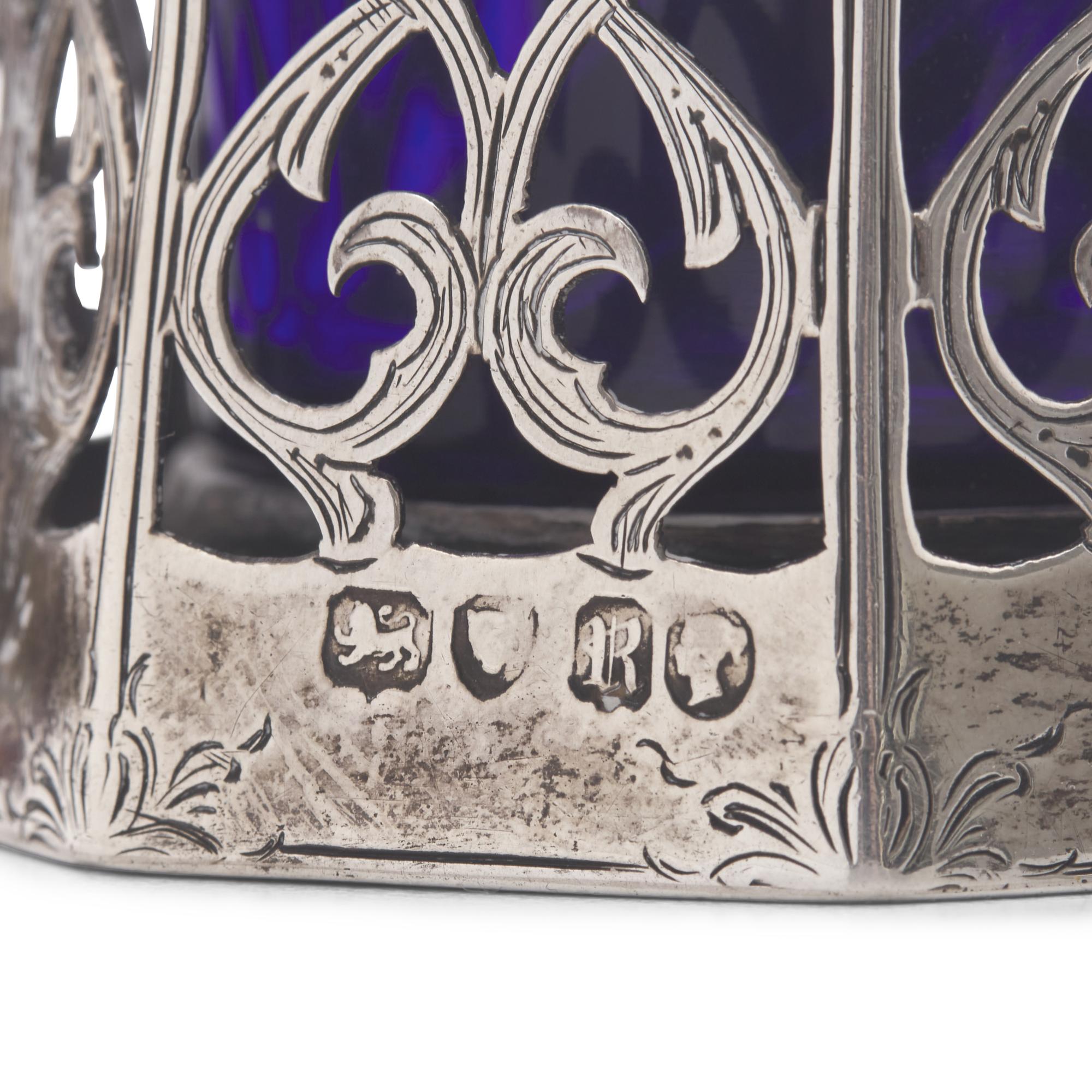 Three English Pierced Silver Mustard Pots and Two Silver Mustard Spoons