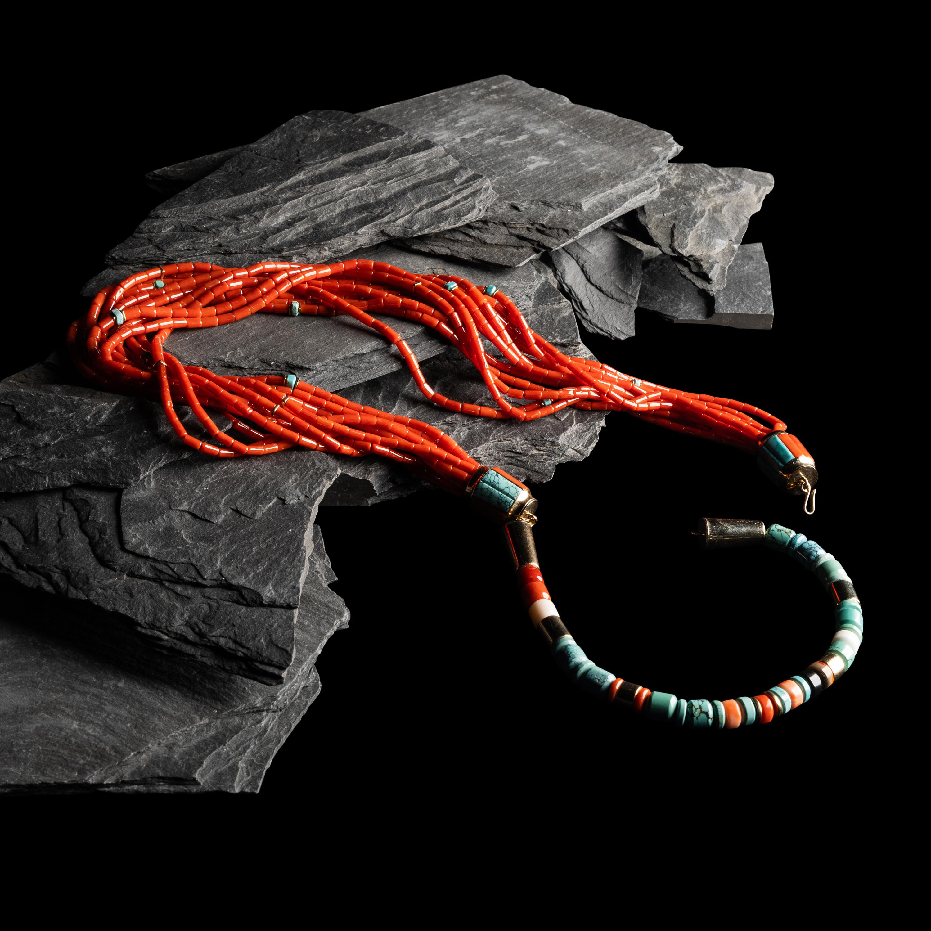Victor Beck, Attributed (Diné, 1941-2022) — Multi-Strand Coral and Turquoise Necklace, with Yellow Gold Accents